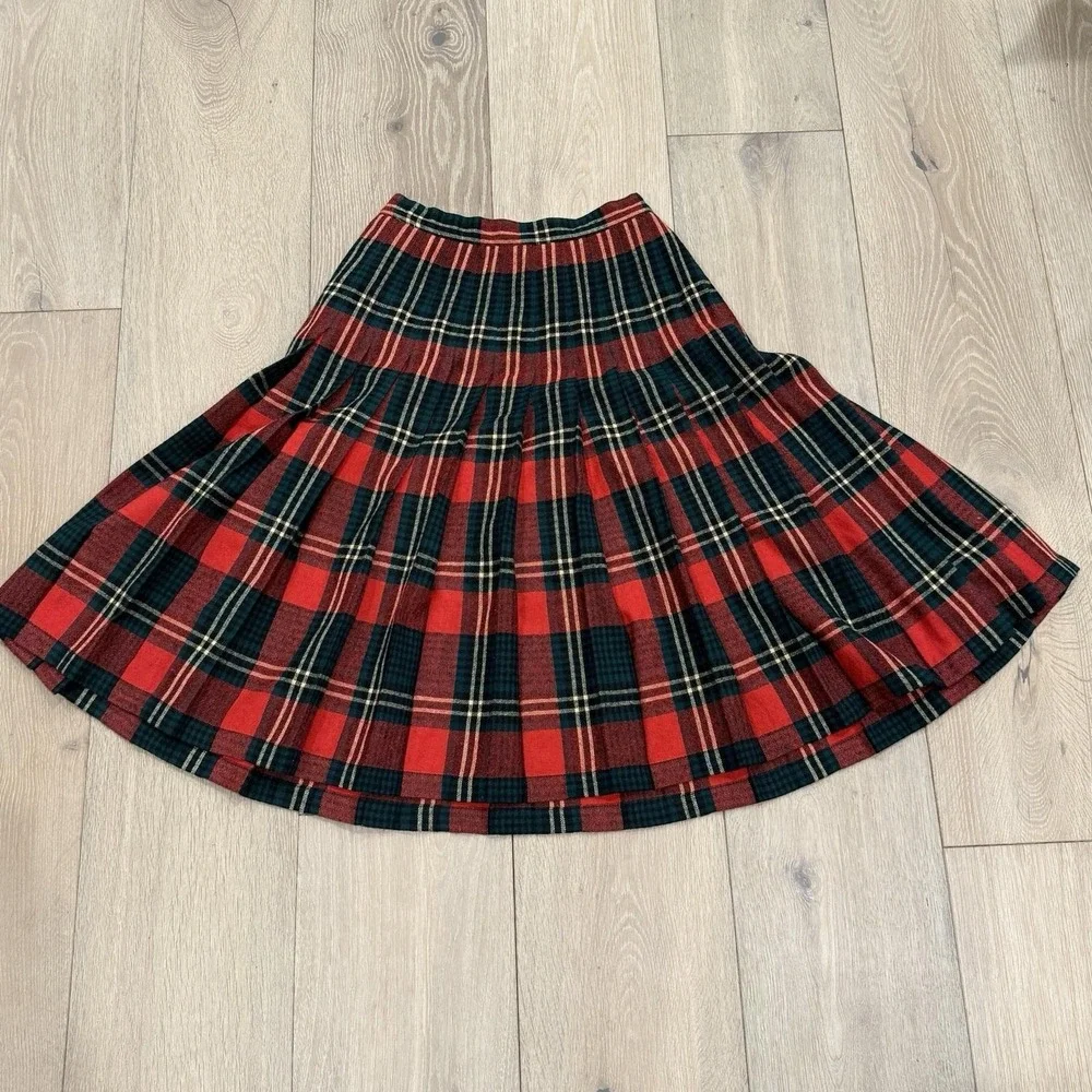 Vintage REVERSIBLE Plaid Wool Skirt Red Green Pleated Schoolgirl *Repair Project